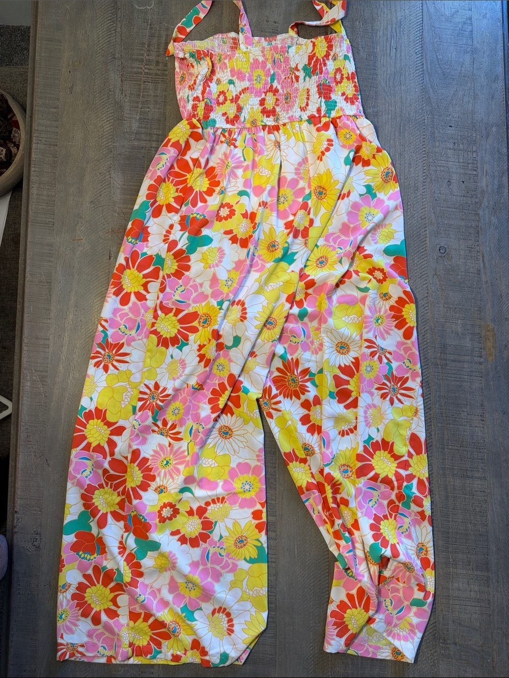 Floral Smocked Jumpsuit in Yellow, Pink & Orange - Picture 3 of 3